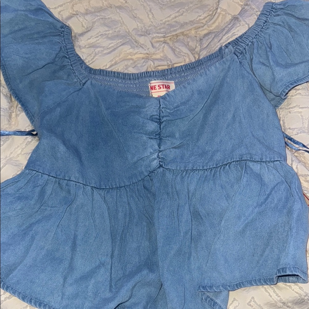 Blue Puff Sleeve Smocked Blouse